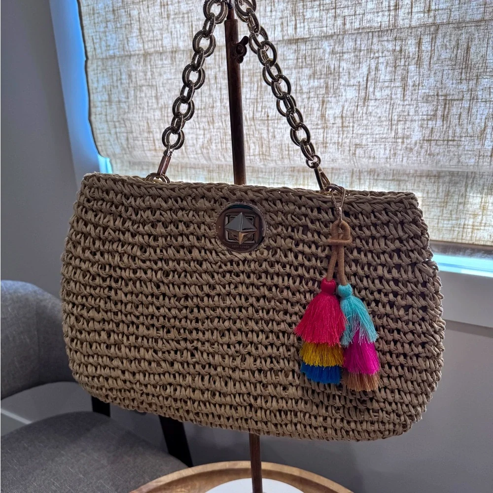 Kate Spade Amelia Jeweled Shoulder Bag raffia version with removable chain strap - Picture 1 of 6